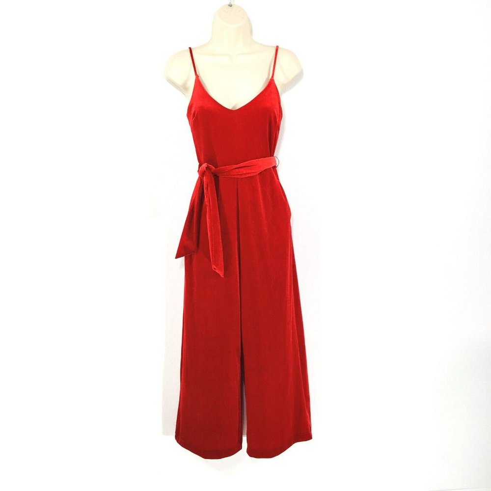 Gianni Bini GB Jumpsuit Sz S Crop Wide Leg Red Velvet Zip Stretch w Belt